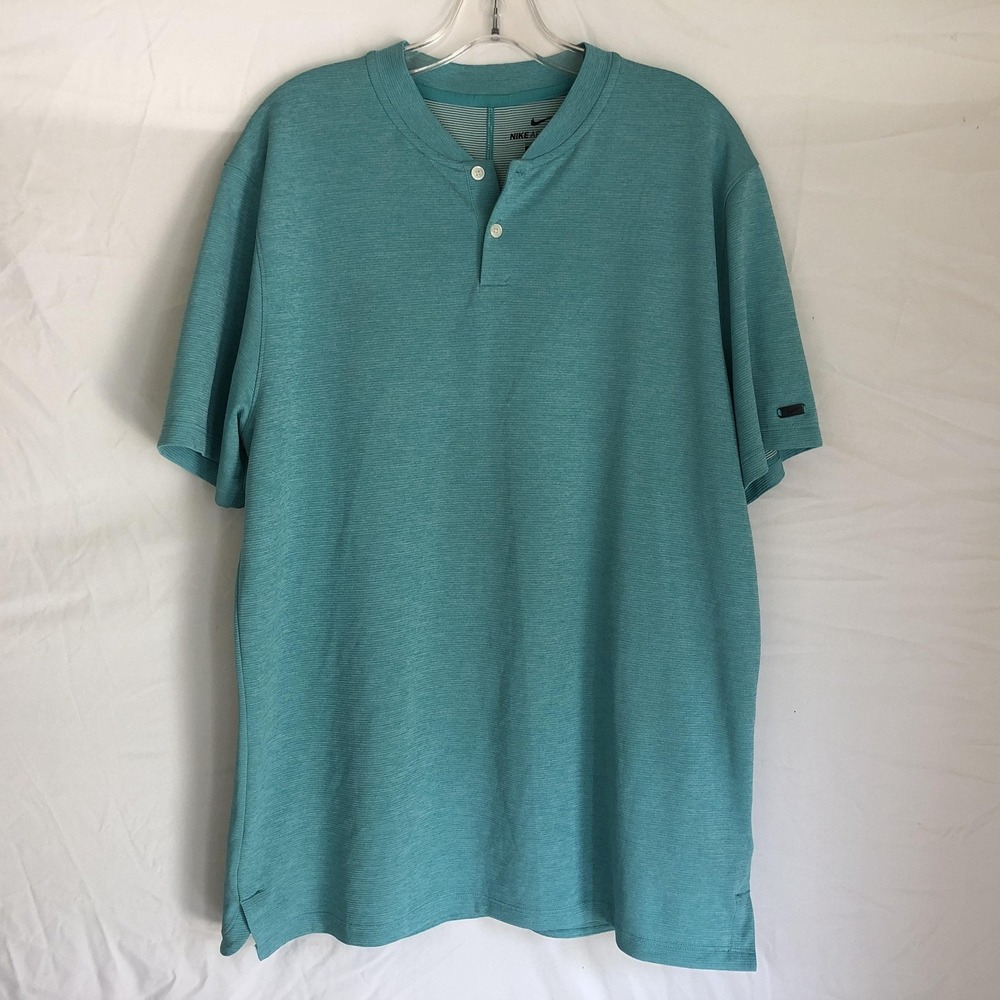 Nike Aeroreact Shirt Mens Large Blue Henley Short Sleeve Golf Tiger Woods